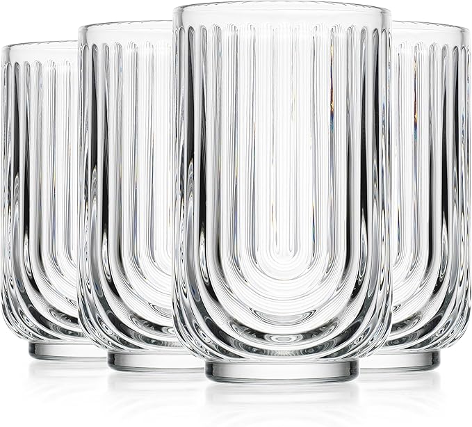 Glaver's Vintage Glassware Art Deco Glasse Ribbed Drinking Glasses U-Shape Arch Design Colored Cocktail Kitchen Tumblers Everyday Dinner Decorative Party (Clear S/4 17oz)