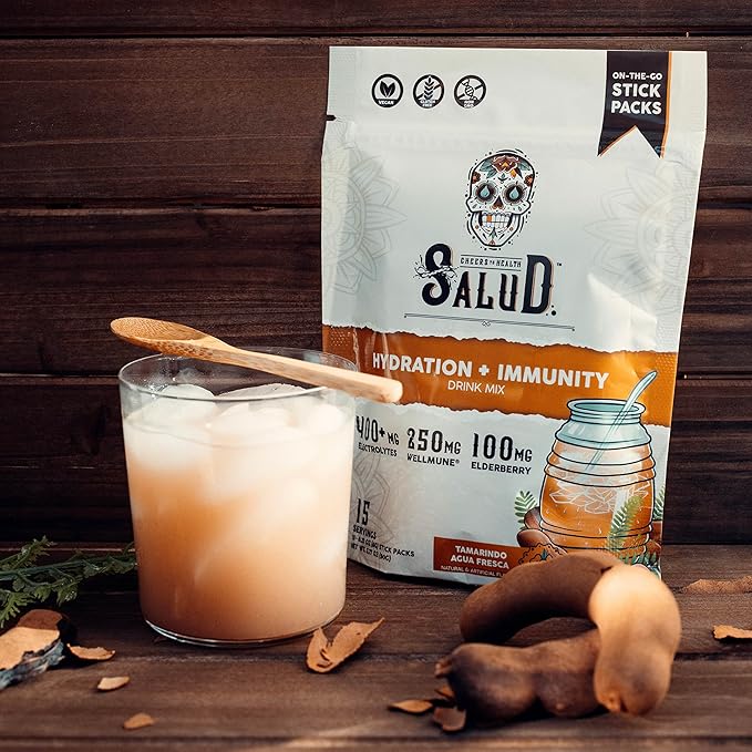 Salud 2-in-1 Hydration Packets + Immunity Electrolytes Powder, Tamarindo - Agua Fresca Drink Mix, Elderberry, Dairy & Soy Free, Non-GMO, Gluten Free, Vegan, Low Calorie, 1g Sugar (15 Servings)