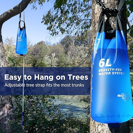 Membrane Solutions Gravity Water Filter Pro 6L, NSF/ANSI 42&372&401 Certified, 0.1 μm Versatile Water Purifier Camping with Adjustable Tree Strap Storage Bag, Survival Gear for Emergency Preparedness