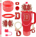9PCS Red for Stanley Cup Accessories Set Bling Initials Bow Charms for Stanley Decorations 30/40 Oz Tumbler Accessories Including Bow Straw Topper, Handle Strap, Spill Stopper（Letter D）