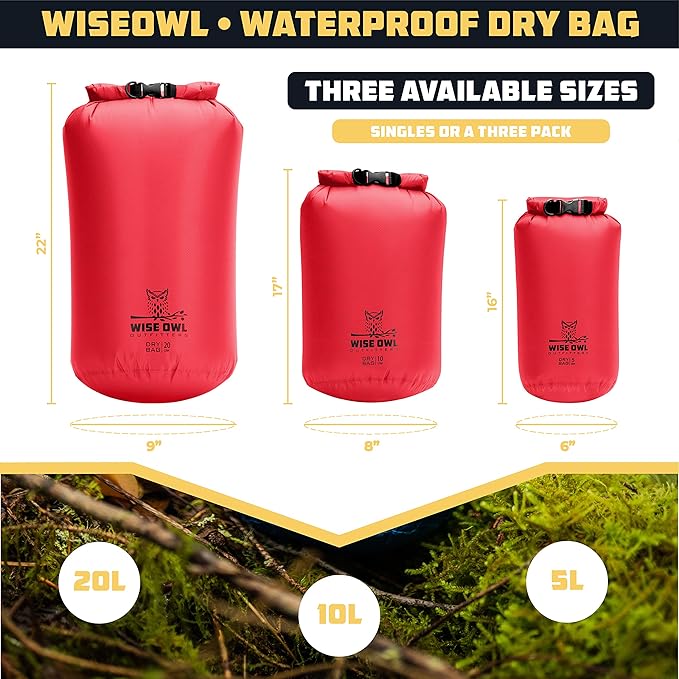 Wise Owl Outfitters Waterproof Dry Bag 3-Pack – Lightweight & Airtight 5L/10L/20L Small & Large Dry Bags for Kayaking, Beach, Travel, Boating, Hiking