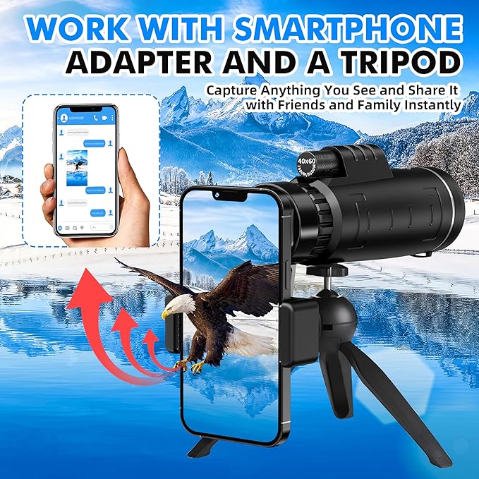 40x60 Monocular Telescope with Smartphone Adapter and Telescope Case High Powered Monocular, Compact Monocular for Wildlife, Hunting, Camping, Travel &Outdoor Adventures