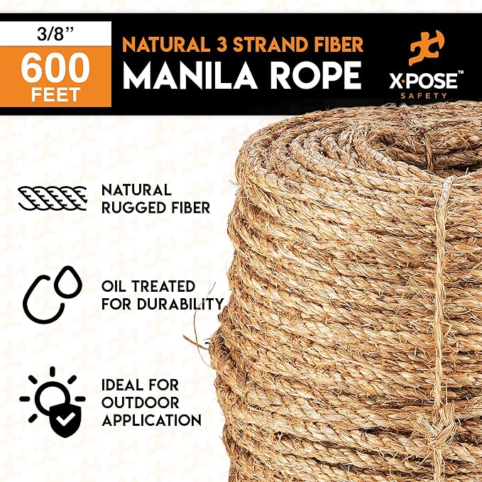 Manila Rope - 3/8 Inch 600' - 3 Strand Cordage Twisted Braided Rope - Thick Natural Fiber for Nautical, Marine, Decorative for Crafts, Porch Column, Outdoor Pole Wrap,Tree Swing