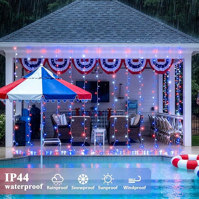 JMEXSUSS 300LED Red White and Blue Lights with Remote, 4th of July Lights Plug in, Patriots Curtain Hanging String Lights for Bedroom Wall Window Backdrop Indoor Outdoor 4th of July Decor, 9.8x9.8ft