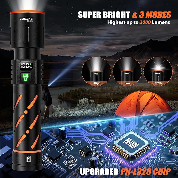 Rechargeable Flashlights High Lumens 100000 2 Pack, Super Bright 30W LED, Long Lasting 12H, Single Click 3 Modes, Multifunctional USB C Input Output LCD Power Display, for Camping Hiking Home
