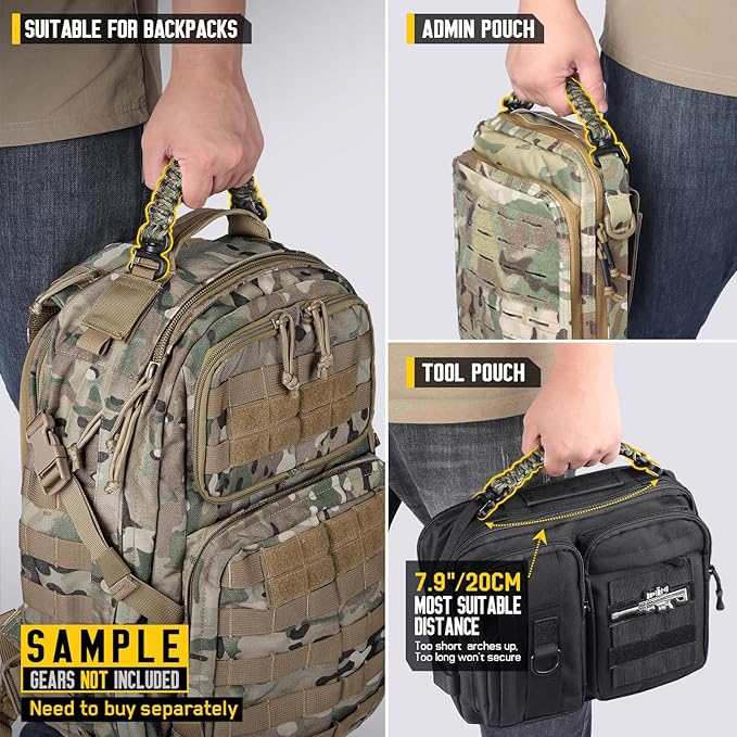 Tactical Paracord Handle，9-core Weaving Paracord Strap for Bag Strap Replacement，Molle Attachment with Metal/Plastic Clips for Backpack Sling Bags Water Bottle Holder