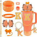 9PCS Orange for Stanley Cup Accessories Set Bling Initials Bow Charms for Stanley Decorations 30/40 Oz Tumbler Accessories Including Bow Straw Topper, Handle Strap, Spill Stopper（Letter K）