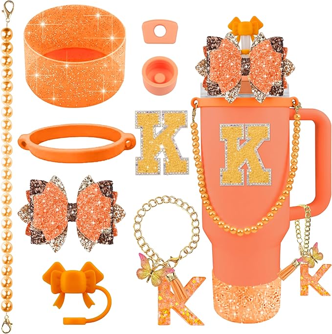 9PCS Orange for Stanley Cup Accessories Set Bling Initials Bow Charms for Stanley Decorations 30/40 Oz Tumbler Accessories Including Bow Straw Topper, Handle Strap, Spill Stopper（Letter K）