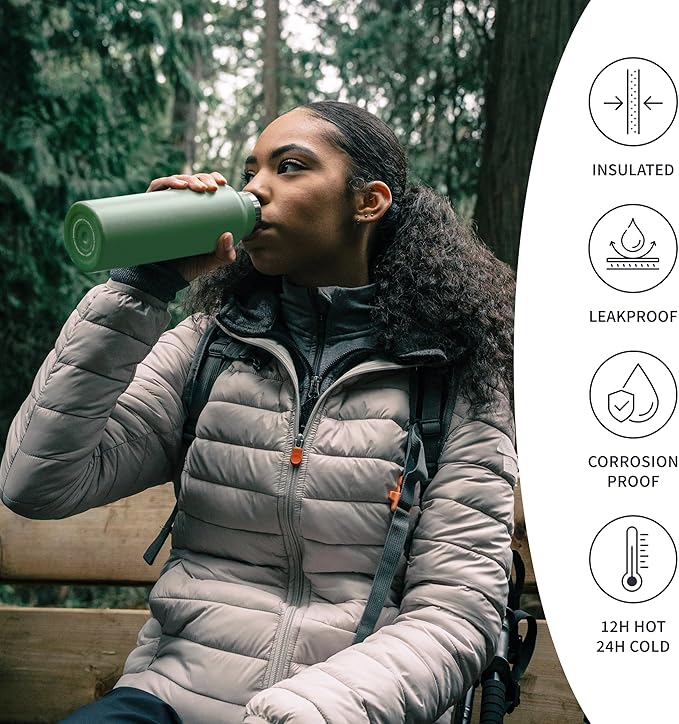 Bambaw Insulated Water Bottle 16 oz, 16 oz Stainless Steel Water Bottle with Handle Easy to Carry, Great for Travel, Work & Gym, Keeps Drinks Cold for 24h Cold & Hot for 12h (Sage Green)