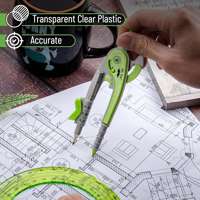 Mr. Pen- Geometry Compass and Protractor Set, 6 Inch Compass, 6 Inch Protractor, Drawing Tool for School, Clear Plastic, Easy Grip, Precision Design for Math, Art, Drafting, Architecture