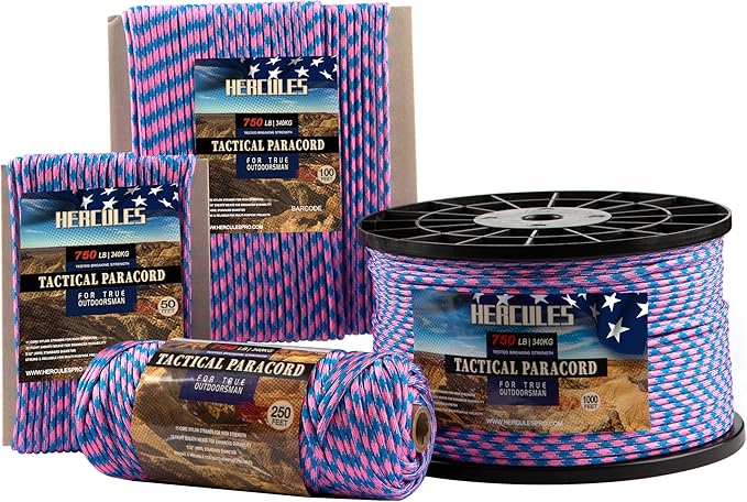 HERCULES 750lb Paracord 4mm 11 Strands Tactical Parachute Cord, 50' 100' 250' 1000' Utility Rope for Camping, Survival, Outdoor Gear (Pink Blue Plaid, 100FT)