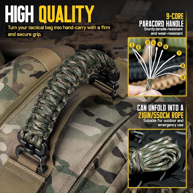Tactical Paracord Handle，9-core Weaving Paracord Strap for Bag Strap Replacement，Molle Attachment with Metal/Plastic Clips for Backpack Sling Bags Water Bottle Holder