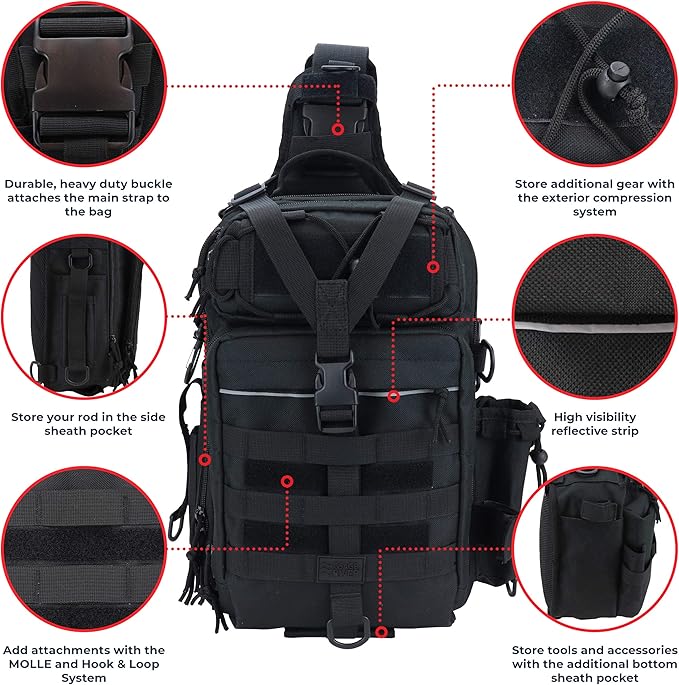 OSAGE RIVER Deluxe Tackle Sling Fishing Bag with Rod Holder, Lightweight Tackle Box Storage, Shoulder Bag for Fishing Hiking