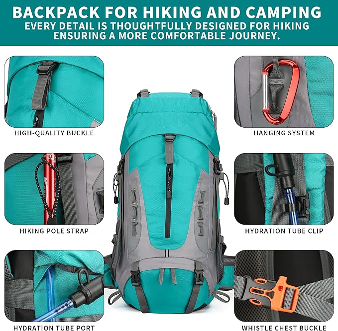 75L Hiking Backpack with Rain Cover Waterproof Camping Backpack Shoes Warehouse for Men Women, Frameless