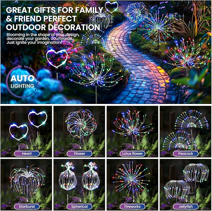 PEVOROS Garden Decor Solar Lights Outdoor,120LED Waterproof Colorful Solar Fairy Garden Lights for Outdoor Decoration,Yard, Patio, Porch,Flower Pot,Pathway, for 4th of July(2Pack)