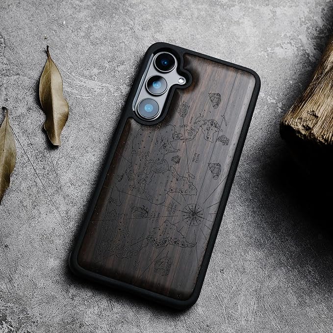 Carveit Wood Case for Galaxy S24 Plus Case [Natural Wood & Black Soft TPU] Shockproof Protective Cover Unique Wooden Design Compatible with S24 Plus (World Map-Blackwood)