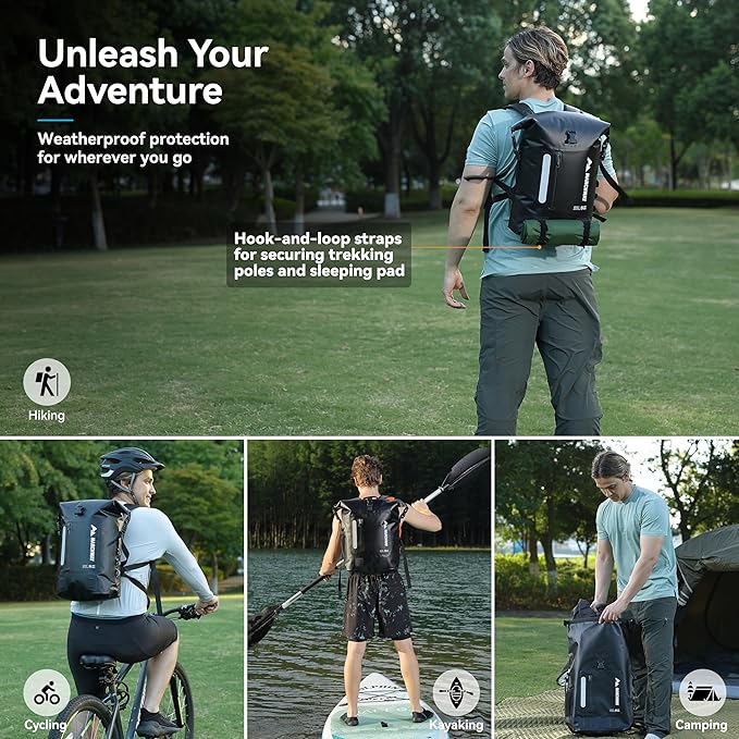 MARCHWAY Roll Top Waterproof Backpack, Floating Dry Bag 20L/30L/45L with Ergonomic Rectangular Base, Cushioned Back, Hip Strap for Hiking Camping Kayaking Travel (Black, 45L)