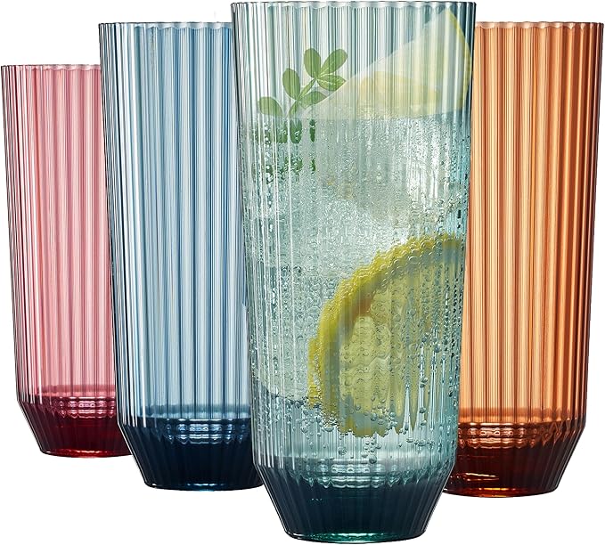 Khen Plastic Acrylic Ribbed Drinking Glasses – Set of 4 Multicolor 11.8oz Tritan Tumblers, European Style Shatterproof Drinkware – Durable, BPA-Free, Dishwasher Safe, Stackable & Unbreakable Cups