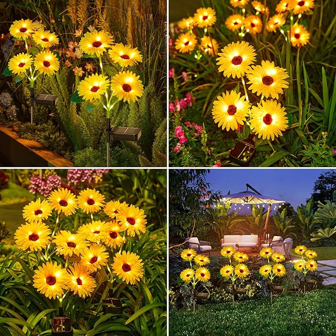 4 Pack Outdoor Solar Garden Lights with 16 Glowing Daisy Flowers & Stems, Waterproof Solar Flowers Lights for Outside Yard Patio Decor