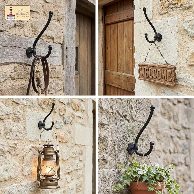 Mystic Colonial Rustic Cast Iron Wall Hooks, Heavy Duty Retro Utility Hanger, Multi Purpose Wall Mount Hooks for Hanging Coat, Bag, Towel, Robe, Hat, Pack of 10-8" x 1.5"