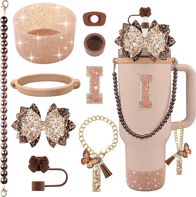 9PCS Brown for Stanley Cup Accessories Set Bling Initials Bow Charms for Stanley Decorations 30/40 Oz Tumbler Accessories Including Bow Straw Topper, Handle Strap, Spill Stopper（Letter I）