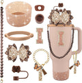 9PCS Brown for Stanley Cup Accessories Set Bling Initials Bow Charms for Stanley Decorations 30/40 Oz Tumbler Accessories Including Bow Straw Topper, Handle Strap, Spill Stopper（Letter I）