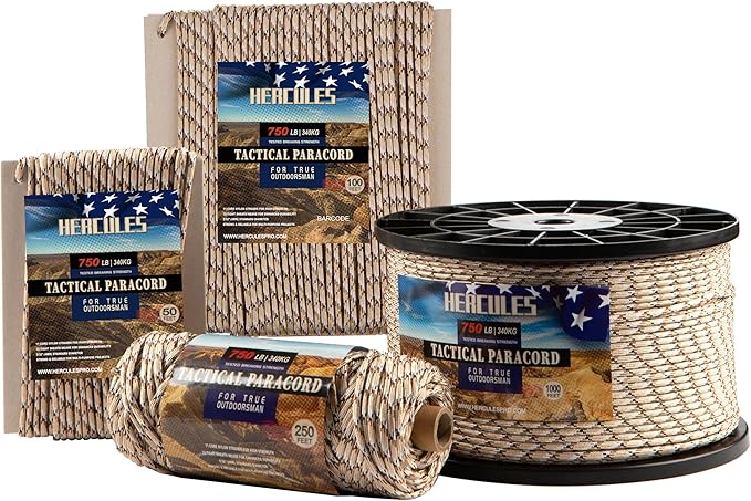 HERCULES 750lb Paracord 4mm 11 Strands Tactical Parachute Cord, 50' 100' 250' 1000' Utility Rope for Camping, Survival, Outdoor Gear (Desert Camo, 50FT)