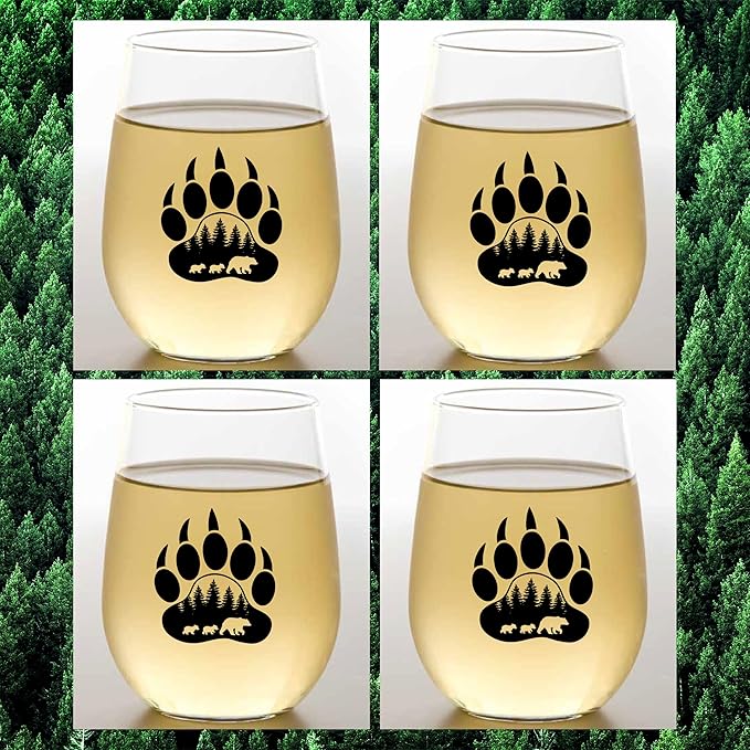 Set of 4 Shatterproof Designer 16 oz Plastic Wine Glasses MADE in the USA (BLACK BEAR)