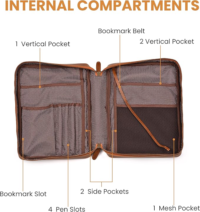LEATHER VILLAGE Genuine Leather Bible Cover with Zipper for Men & Women - Large Bible Case Carrying Bag Book Cover & Organizer with Handle and Pockets - Leather Bible Covers for Church Study - Tan