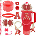 9PCS Red for Stanley Cup Accessories Set Bling Initials Bow Charms for Stanley Decorations 30/40 Oz Tumbler Accessories Including Bow Straw Topper, Handle Strap, Spill Stopper（Letter A）