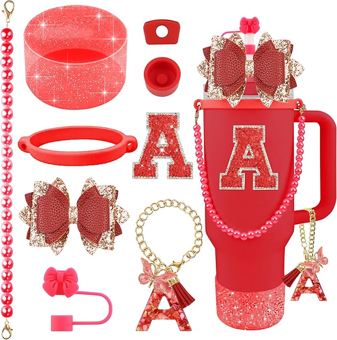 9PCS Red for Stanley Cup Accessories Set Bling Initials Bow Charms for Stanley Decorations 30/40 Oz Tumbler Accessories Including Bow Straw Topper, Handle Strap, Spill Stopper（Letter A）