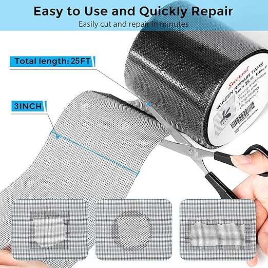 Secopad Black Window Screen Repair Tape, 3IN X 25FT (300IN) Screen Repair Kit for Windows or Doors, Strong Adhesive Patch Kit Fiberglass Mesh Tape
