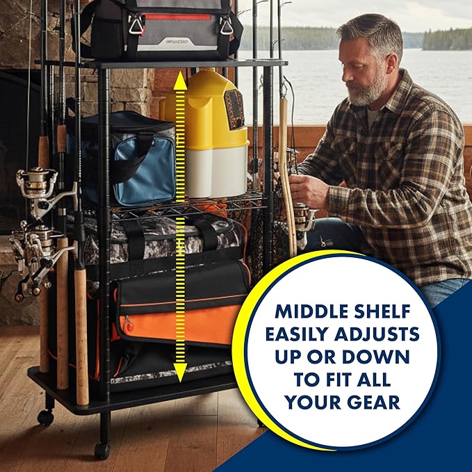 Rush Creek Creations Rod Holders for Garage Fishing Pole Rack Holds up to 12 Rods and Reel Combos - Mobile Garage or Shed Organizer car Fishing Gear Storage
