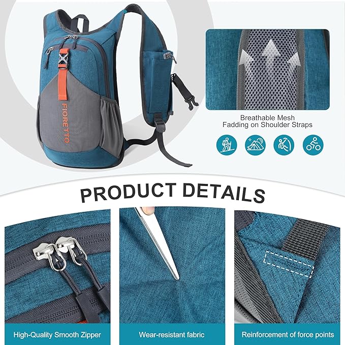FIORETTO 10L Hiking Backpack for Women Men Mini Packable Backpack Lightweight Small Daypack for Camping Travel Outdoor, Turquoise