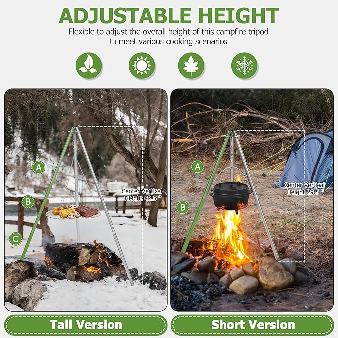 HaSteeL Campfire Tripod for Cooking, Stainless Steel Camping Tripod Grill for Outdoors Beach Backyard Firepit BBQ, Openfirer Stand Hanger with 17” Folding Rack & 6 Barbecue Tools, Adjustable Height