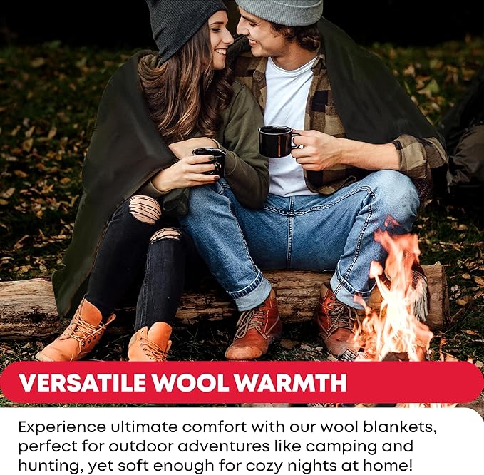 Ever Ready First Aid Military Wool Blanket - 95% Wool, Washable, Perfect for Outdoors, Picnics, Travel, Car & Bushcraft Emergency Blanket, 96" x 96" 6.65 lbs. - Olive Drab Green - Queen Size