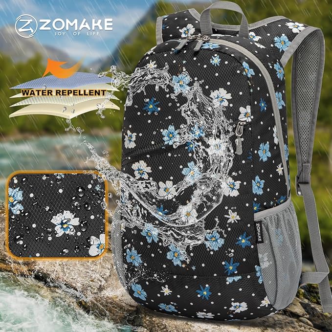 ZOMAKE Lightweight Packable Backpack,Foldable Backpacks Small Daypack for Hiking Water Resistant Day Bag for Travel(Black,Floral pattern)