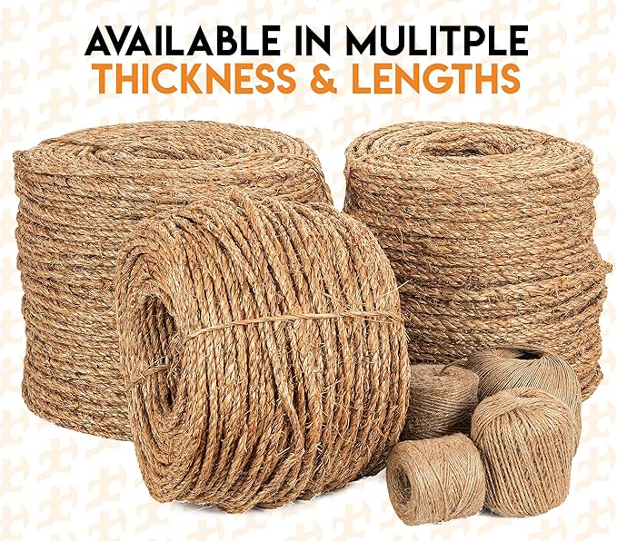 Manila Rope - 1/4 Inch 1200' - 3 Strand Cordage Twisted Braided Rope - Thick Natural Fiber for Nautical, Marine, Decorative for Crafts, Porch Column, Outdoor Pole Wrap, Tree Swing