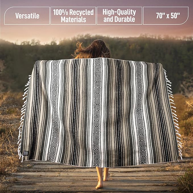 Hydration Nation Authentic Large Handwoven Mexican Blanket - Soft Yoga- Durable Serape- Lightweight Falsa, Beach, Camping, Picnic, Outdoor Blanket 70"x50" - Desert