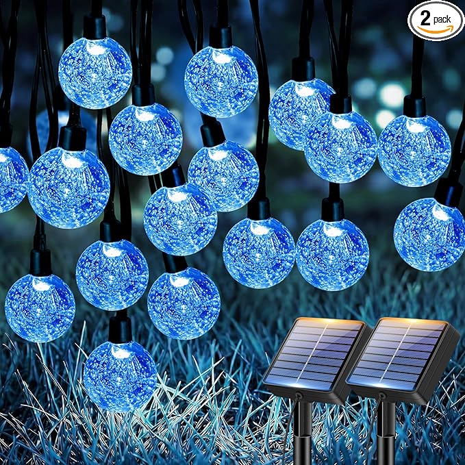 btfarm 2 Pack Solar String Lights Outdoor Waterproof, Total 98 FT 100 LED Solar Powered Patio Light, 8 Lighting Modes Crystal Globe Decoration for Garden Balcony Porch Yard Party, Blue
