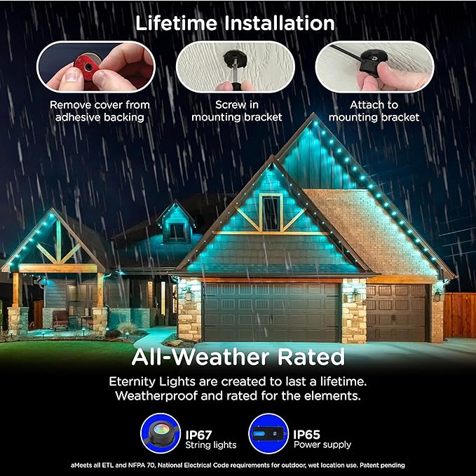 Enbrighten Vibe Eternity Permanent Outdoor Lights for House, 150ft, 108 RGBWIC LEDs, Close Spacing, 33lm, Color Changing, Christmas, Eave Lighting, Smart App, Works with Alexa, Google Home, 85103