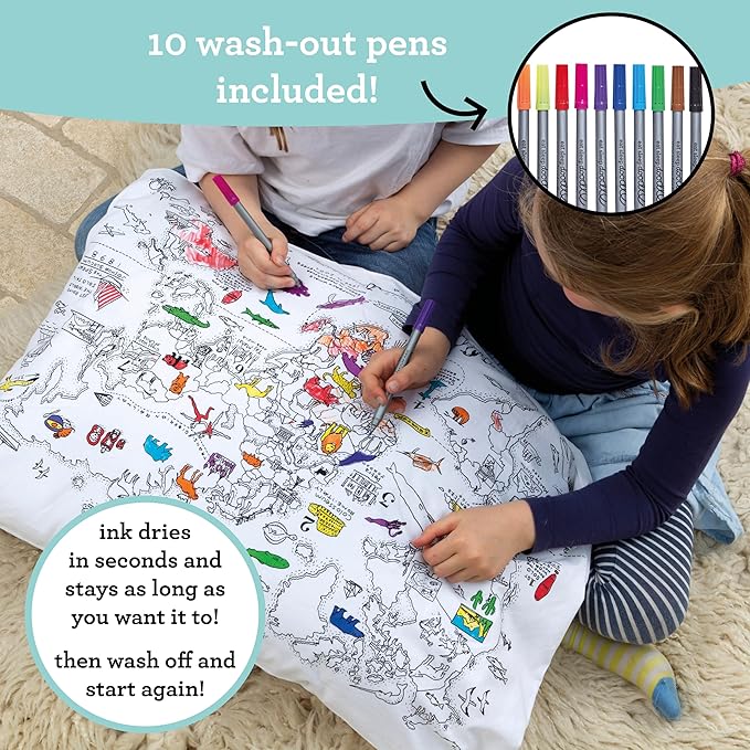 eatsleepdoodle - Coloring Pillowcase for Kids – Reusable DIY Pillow Cover with Washable Markers, Educational Arts & Crafts Activity for Boys & Girls, Fun Gift for Creative Play, Machine Washable