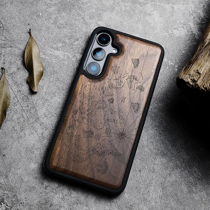 Carveit Wood Case for Galaxy S24 Plus Case [Natural Wood & Black Soft TPU] Shockproof Protective Cover Unique Wooden Design Compatible with S24 Plus (World Map-Walnut)