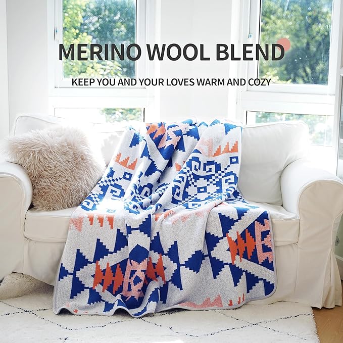 ACUSHLA Merino Wool Blanket - Soft Warm Thick Bed Couch Outdoor Camp Travel Car Blanket Throw All Weather Aztec Style Grey 63" x 51"