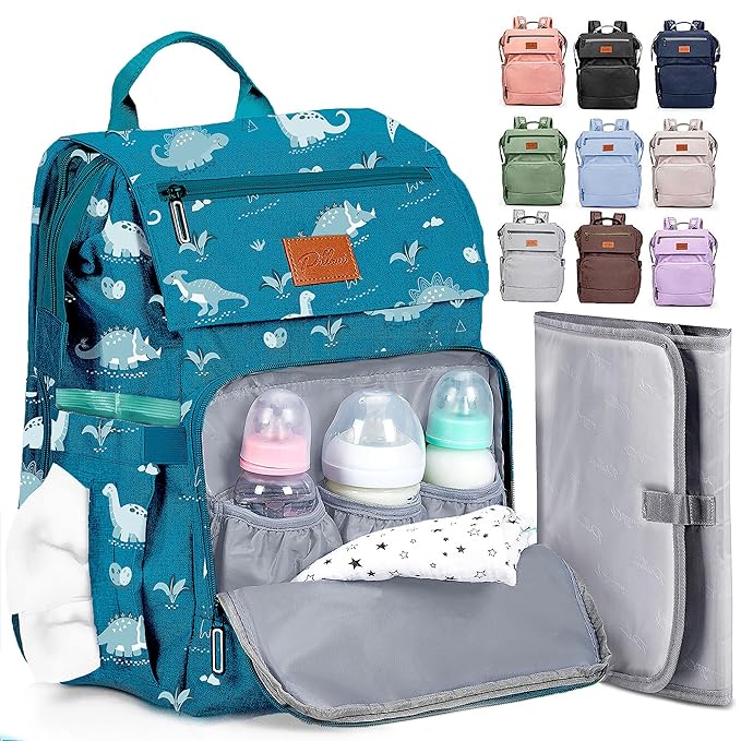 PILLANI Baby Diaper Bag Backpack - Large Waterproof Travel Diaper Bag for Boys & Girls, 16 Organizer Pockets with Changing Pad, Insulated Bottle Pockets & Stroller Straps, Baby Shower Gifts, Dinosaur
