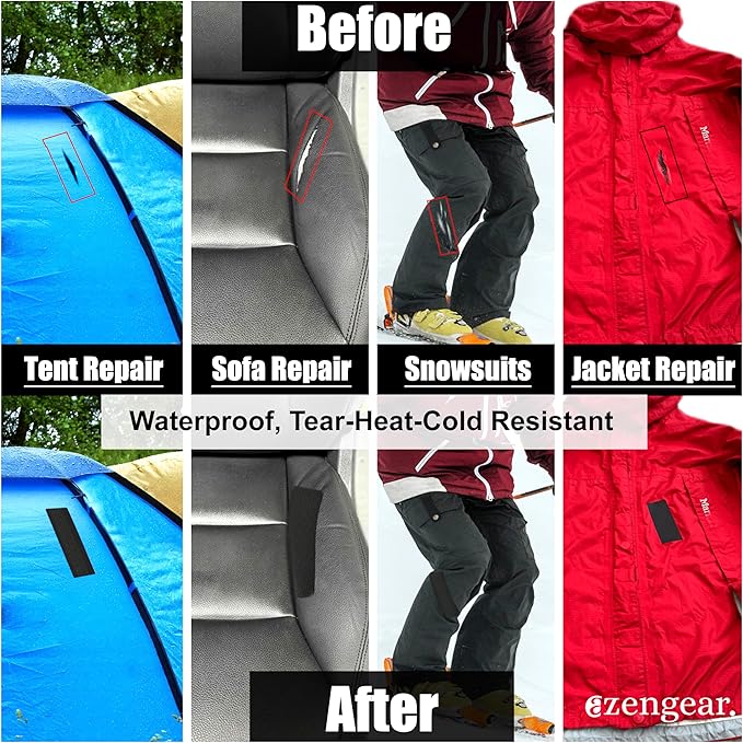 aZengear Jacket Repair Patches (2 Pack) - Self-Adhesive, Waterproof, Tear-Cold-Heat-Resistant Polyester to Fix Rips in Tents, Down Jackets, Puffers, Snowsuit, Shoe, Upholstery (Black)