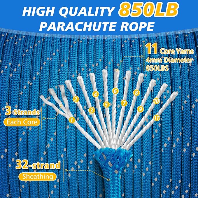 Reflective Paracord Rope 850Ib, 50/100/200/500/1000ft 4MM 11 Strand Strong Parachute Cord, Heavy Duty Paracord Rope for Tent Camping, Fishing, Hiking, DIY Crafts Bracelet, Blue 500FT