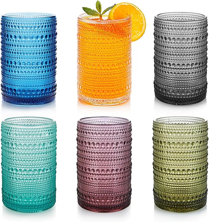 HomeVogue 15oz Colored Hobnail Drinking Glasses with Straws Set of 6, Vintage Glassware Old Fashioned Beverage Glasses, Cocktail Glass Set, Kitchen Water Glasses Cup, for Beer, Smoothie, Juice