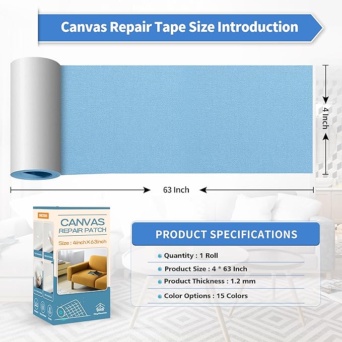 KING MOUNTAIN Canvas Repair Tape,Outdoor Gear Patch, 4×63 Inches,Waterproof,Self-Adhesive for Repairing Boat Covers,Sun Shades,Sofas,Tents,Lounge Chairs,Awnings (Blue)