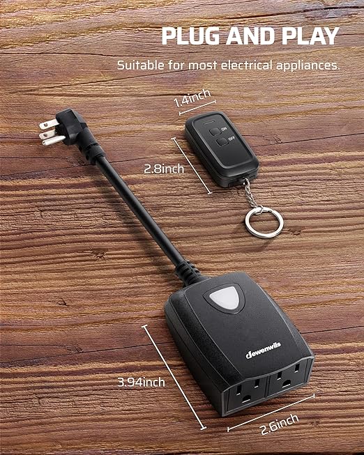 DEWENWILS Outdoor Wireless Remote Control Outlet Power Strip Weatherproof, Expandable Indoor Outdoor Electrical Plug in Light Switch, 15 A, 7-Inch Extension Cord, 100 FT Range, ETL Listed